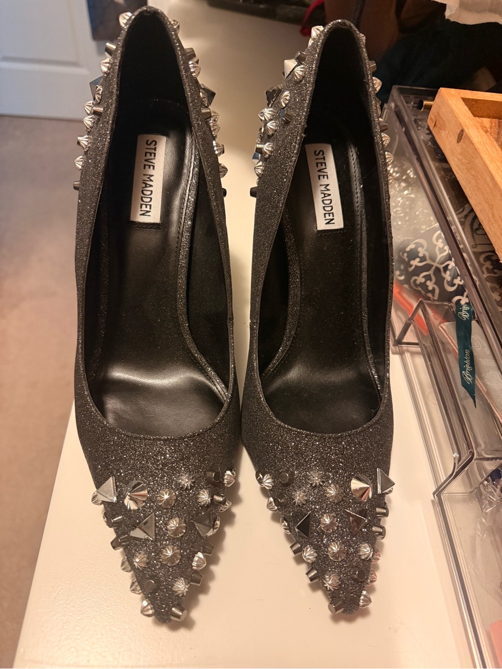 Steve Madden Silver Glitter Studded Pointed Toe Pumps